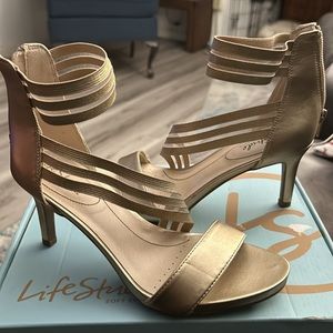Life Stride soft system heeled dress sandal. Mystique in soft Gold